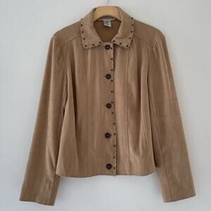 Vtg Y2K Tan Micro Suede Studded Collared Cropped Jacket Sz M Minimal Western